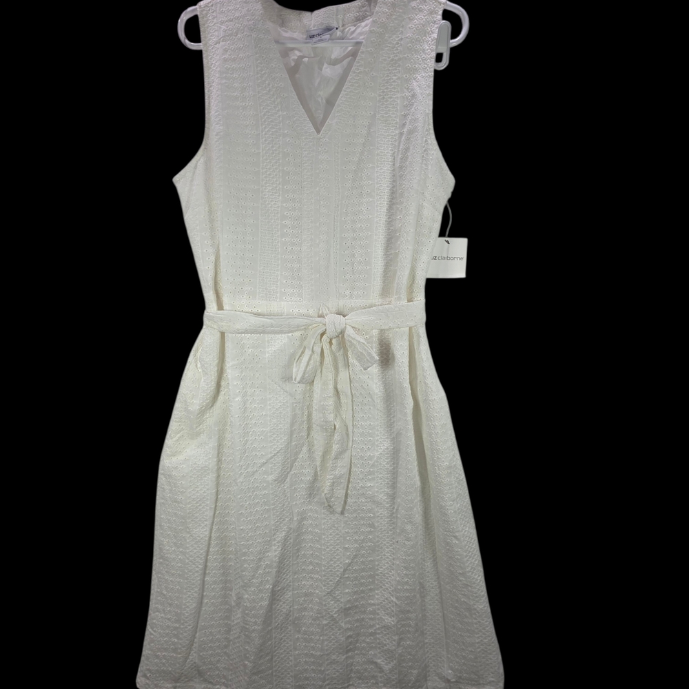 Liz Claiborne Cream Textured Sleeveless V-Neck Belted Midi Dress NWT Sz LARGE